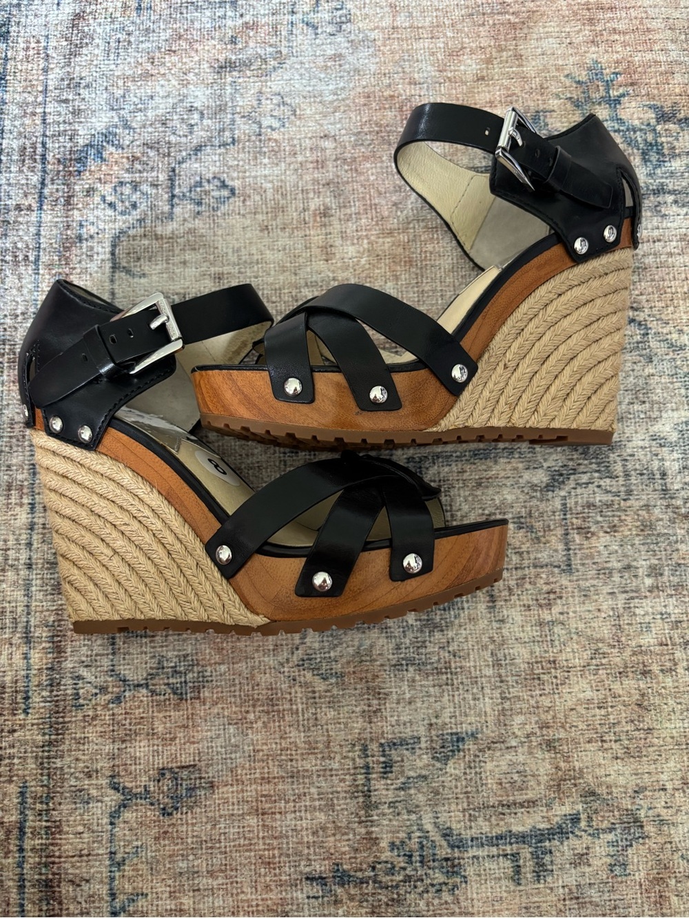 Michael Kors Black Leather Espadrille Wedge Sandals with Buckle - Picture 9 of 15